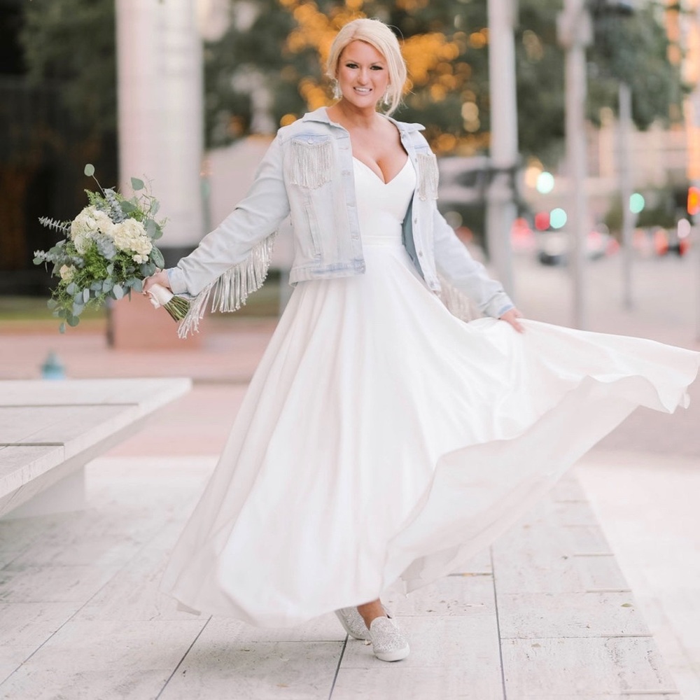 Max Duggal white satin ballgown